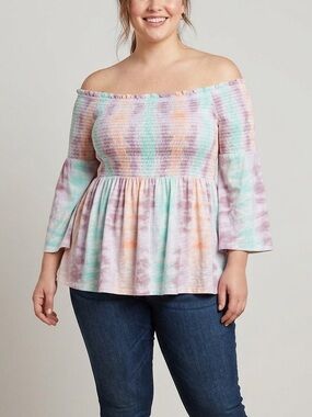 Torrid‎ Plus Size Smocked Off-Shoulder Tie-Dye Peplum Top Pastel Size 3 22 24
